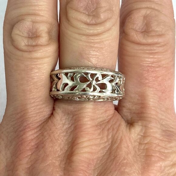 Sterling Silver 925 Filigree Openwork Scrollwork 10MM Wide Band Ring Sz 7.25 - Picture 1 of 16